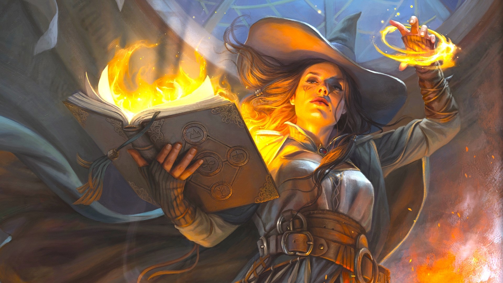 DnD fireball 5e - the Wizard Tasha wears a grey pointed hat and robes, and she casts a golden spell from a large spellbook in her hand