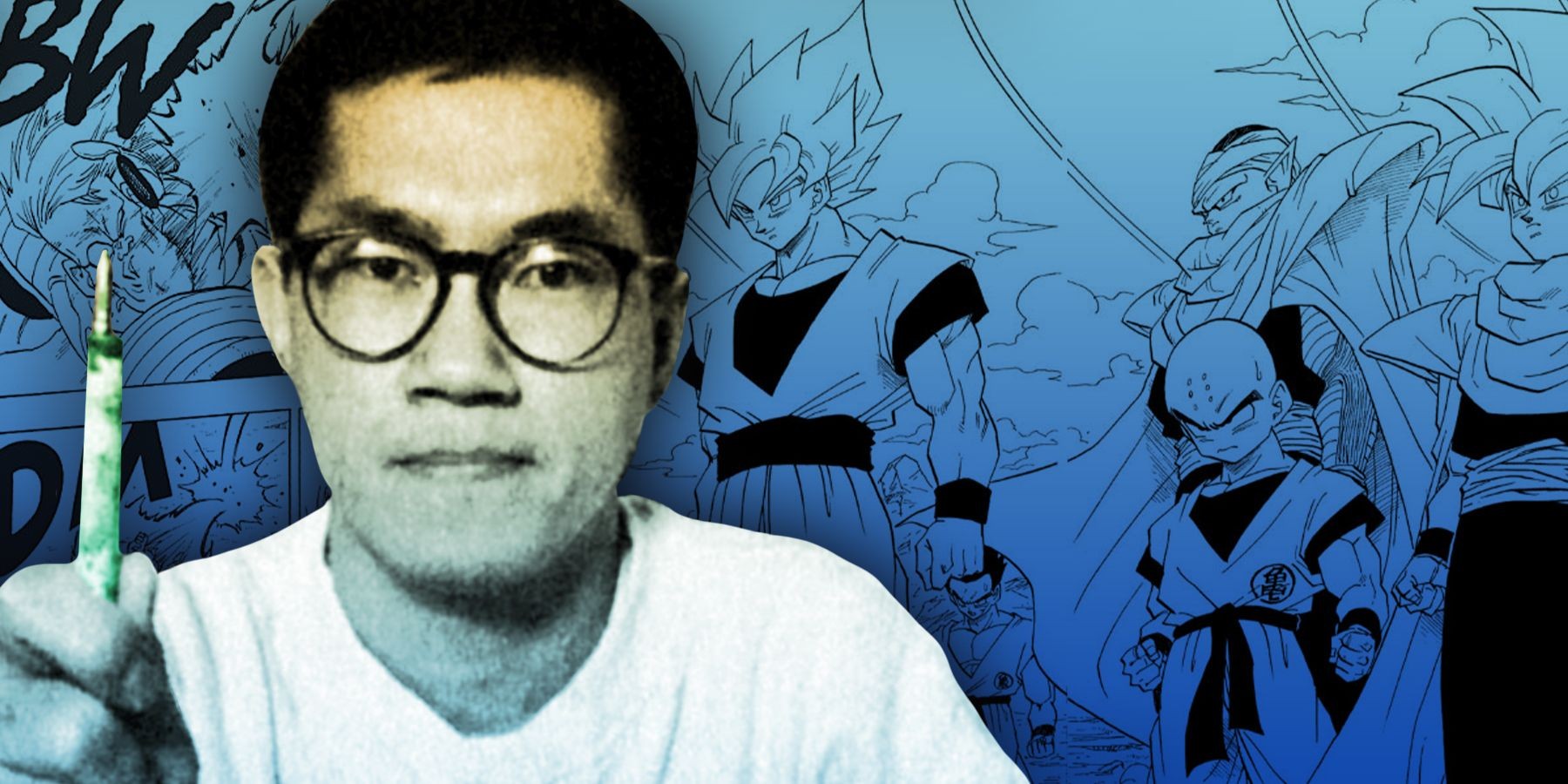 Akira Toriyama holding a pen with Dragon Ball manga of Goku and others behind.