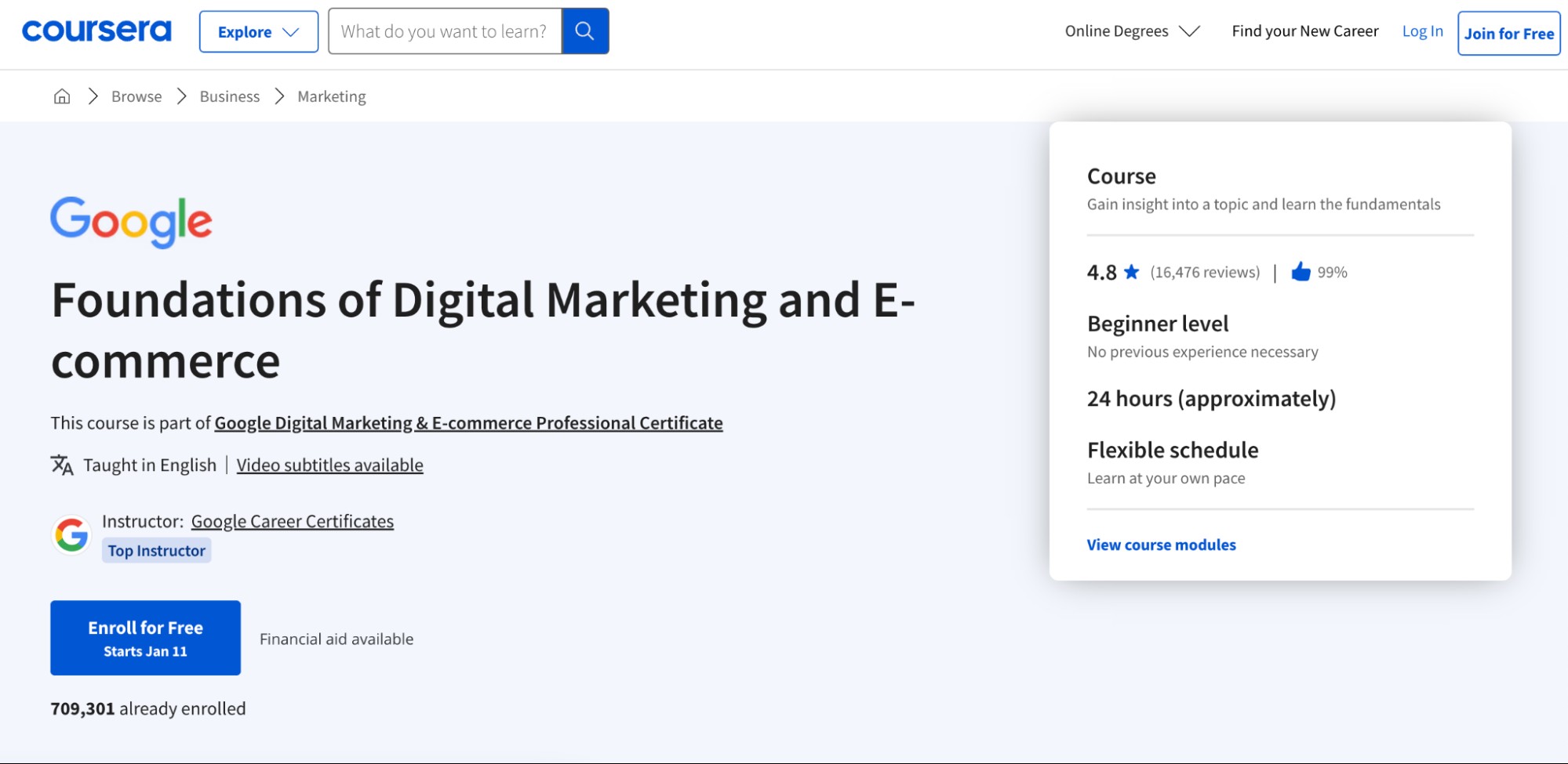 Screenshot of the Google course on foundations of digital marketing and ecommerce