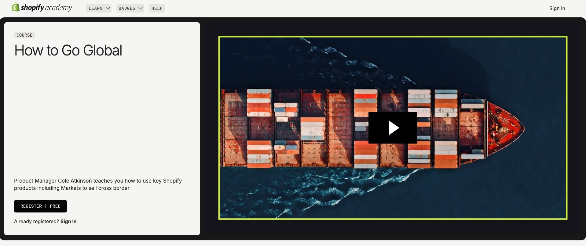 Screenshot of the homepage of the Shopify How to Go Global course