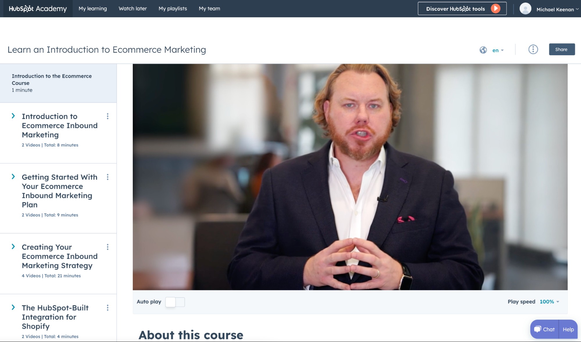 Screenshot of the preview of this ecommerce course showing Ethan Giffin