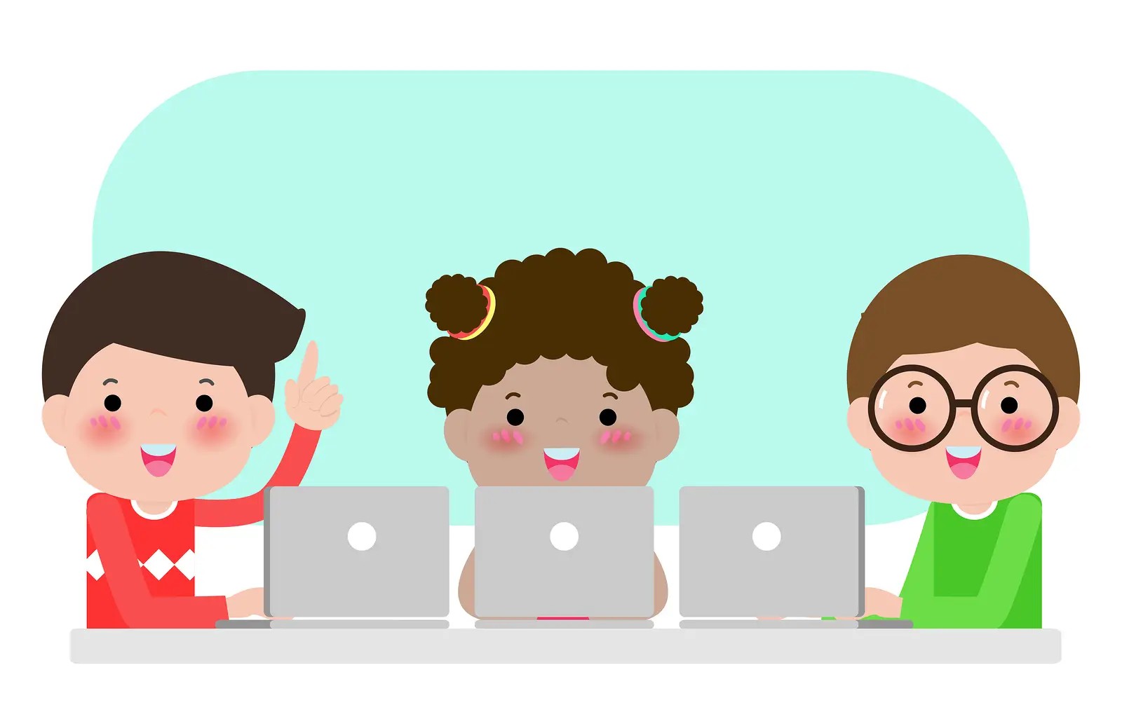 Illustration of kids studying at a computer, highlighting the benefits of early language learning.