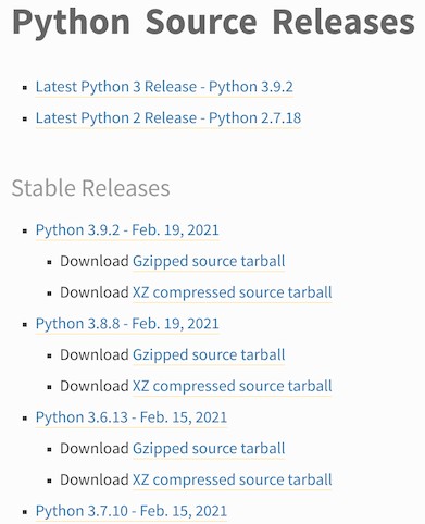 An image showing the current stable releases of Python from Python.org