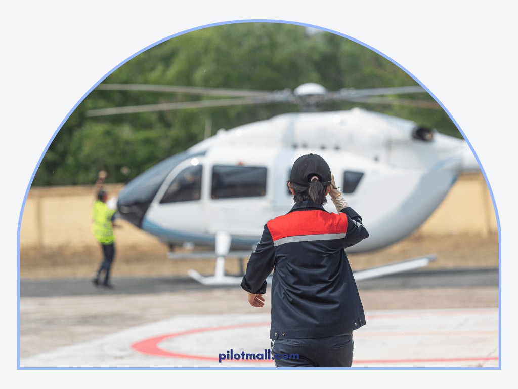 Workers and Pilot Assisting a Helicopter on a Helipad, emphasizing career readiness