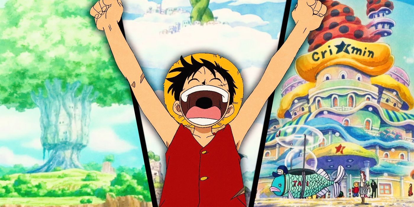 Luffy with images of Ohara, Skypiea and Fishman Island