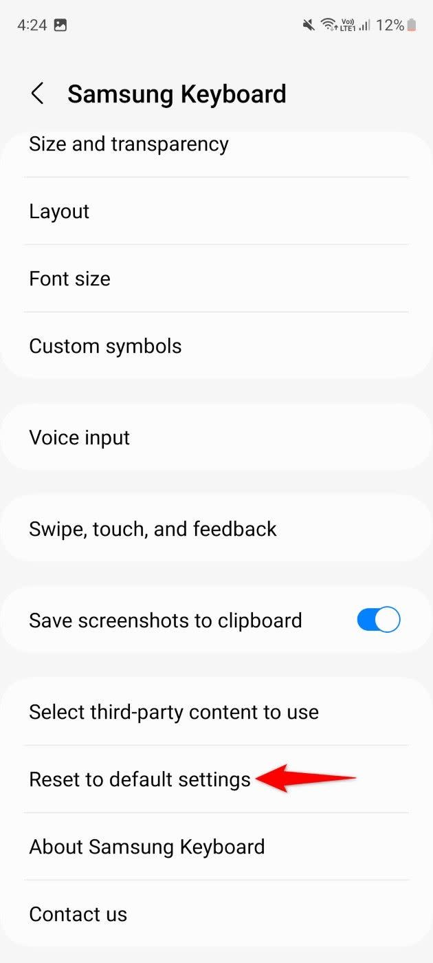 Reset to Default Settings highlighted for Samsung Keyboard