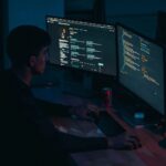 Flutter cross-platform development illustrating apps for Android, iOS, web, and desktop from a single codebase.
