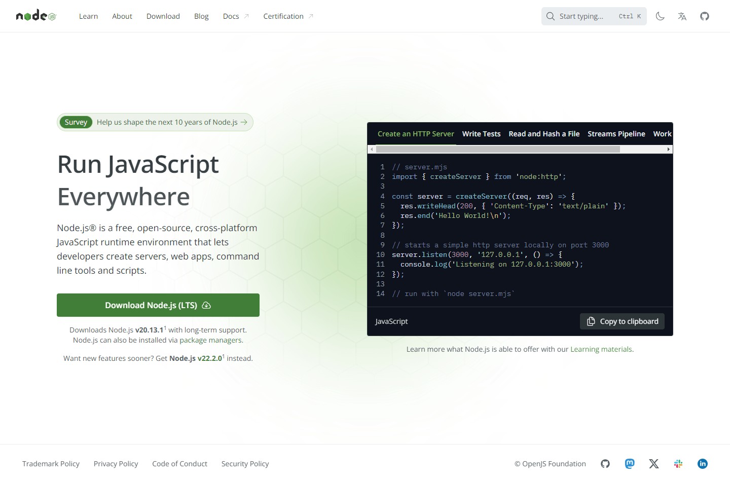 Node.js official website homepage