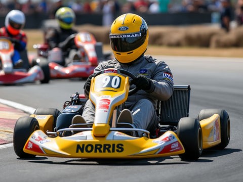 A young racer driving a go-kart on a track, demonstrating early racing skills