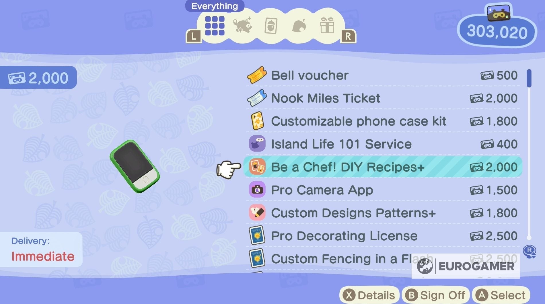 Nook Miles choices in Animal Crossing