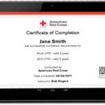 Red Cross certification of completion on a tablet