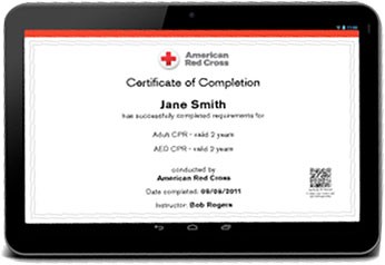 Red Cross certification of completion on a tablet