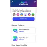 A screenshot from the Duolingo app showing Super Duolingo features like unlimited hearts and offline lessons.