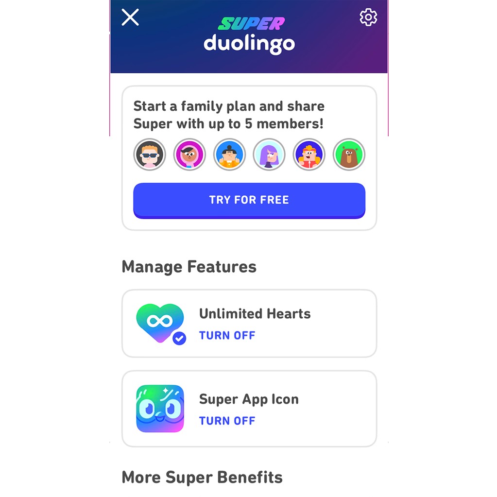 A screenshot from the Duolingo app showing Super Duolingo features like unlimited hearts and offline lessons.