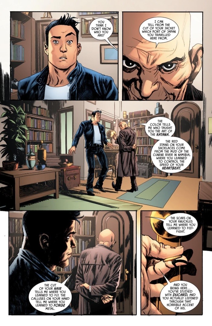 A young Bruce Wayne shadowing detective Harvey Harris, learning the practical skills of investigation and deduction