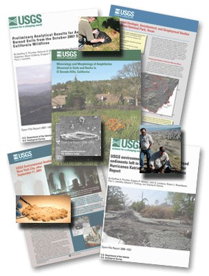 Collage of USGS mineral-related products including fact sheets, reports, and maps, showcasing the variety of resources available for learning about minerals and their environmental impact
