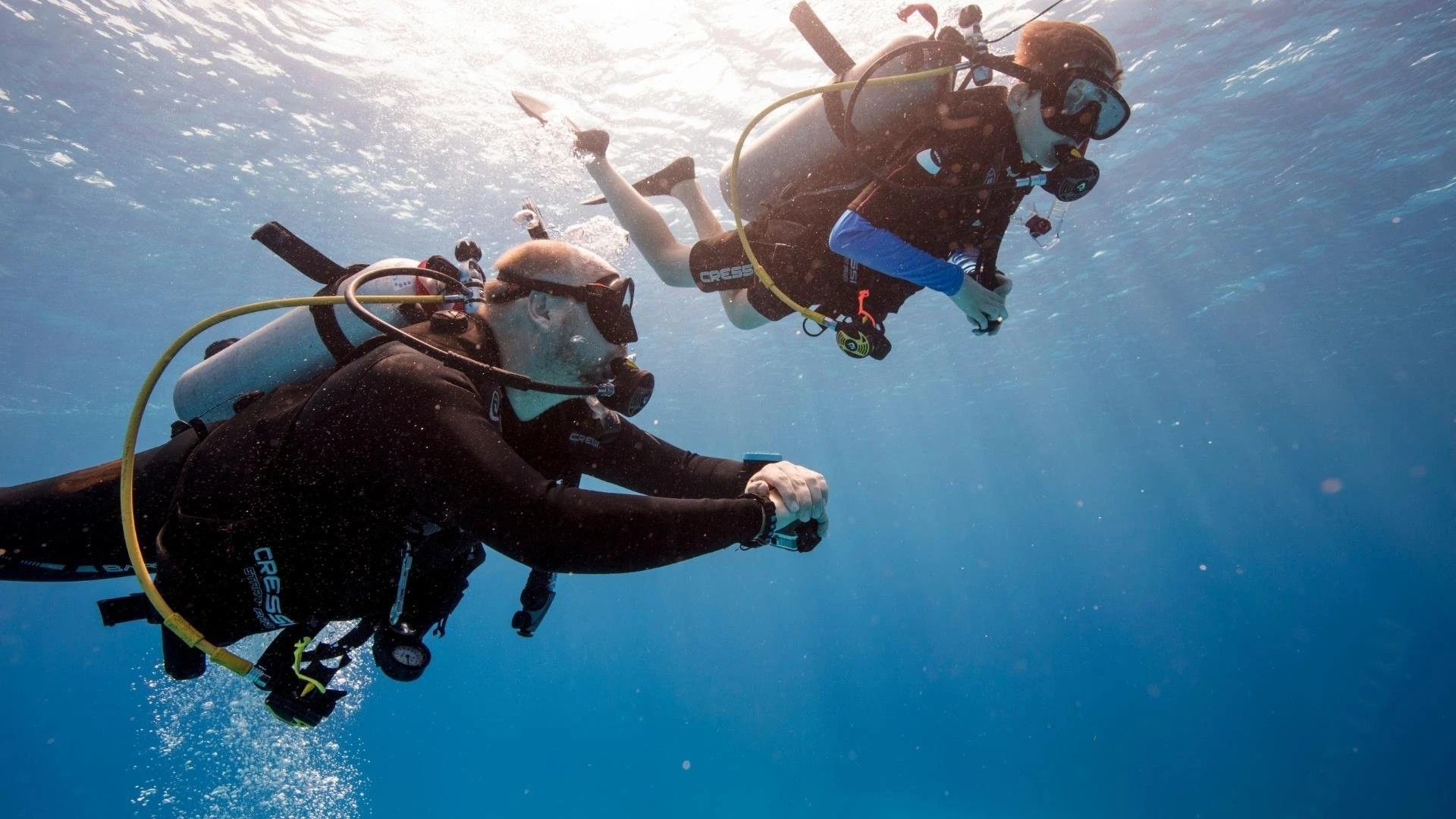 Scuba diving students in a pool learning mask clearing techniques
