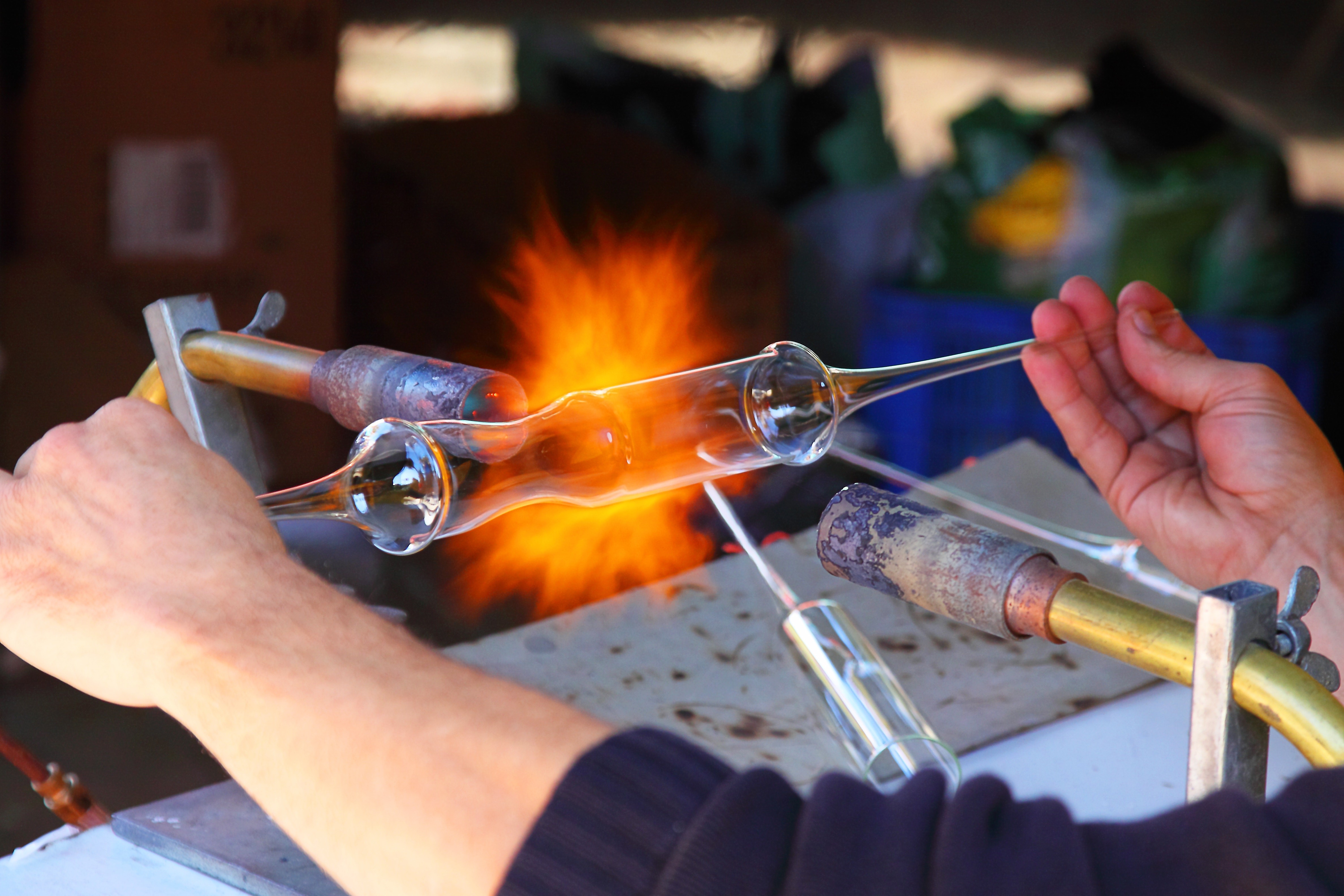 Glassblowing tools including blowpipe, marver and jacks