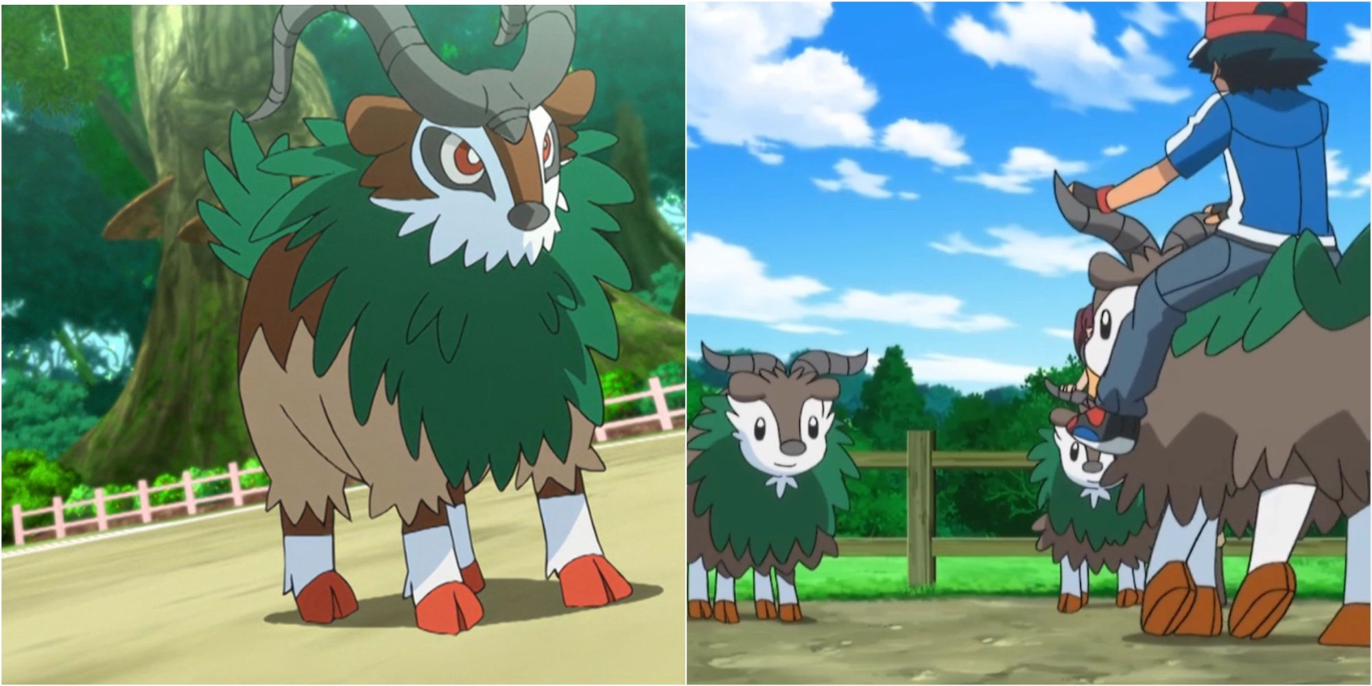 Gogoat and Skiddo in the Pokemon anime, highlighting their roles as Ride Pokemon and their unexpected ability to learn Surf