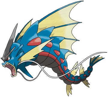 Mega Gyarados artwork by Ken Sugimori, a darker, more menacing version with water jets