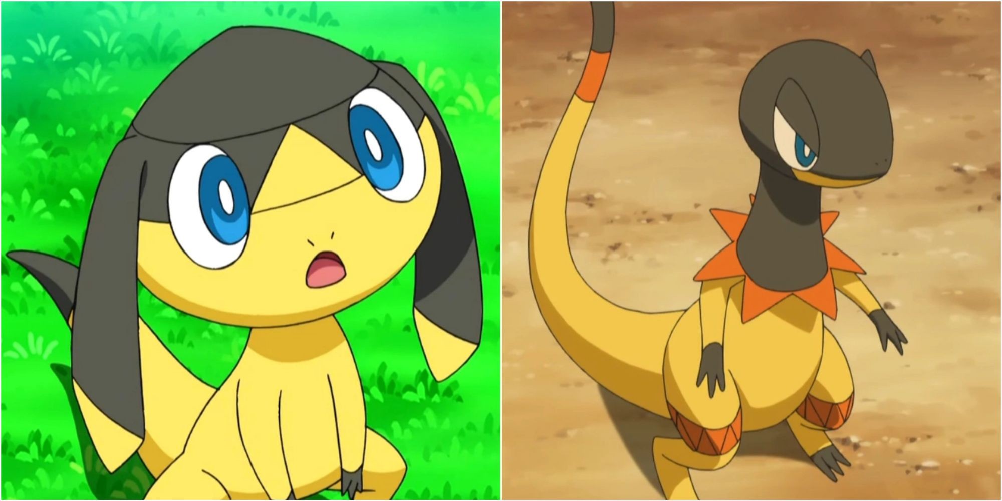 Helioptile and Heliolisk in the Pokemon anime, displaying their Electric and Normal-type traits and surprising Surf ability
