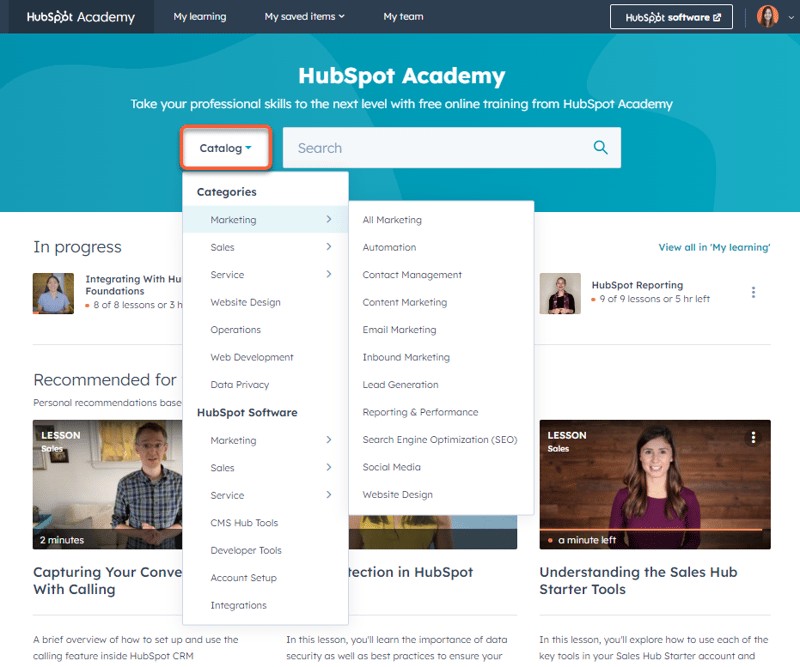 HubSpot Academy Interface
