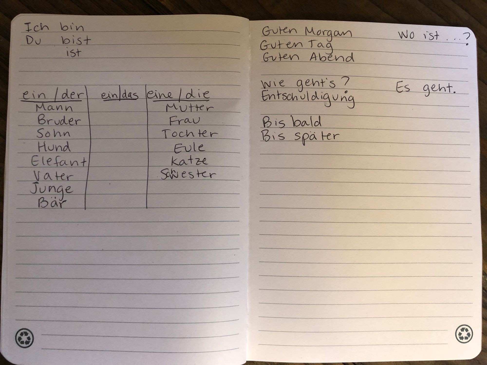 German notes detailing verbs, genders, and greetings