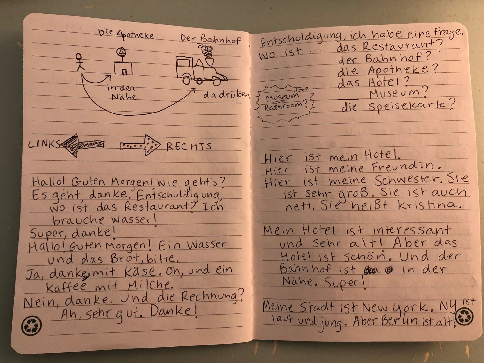 Photograph of two pages of an open notebook. They show some drawings with labels in German, some paragraphs and mini dialogues in German, and lists of words and questions in German.