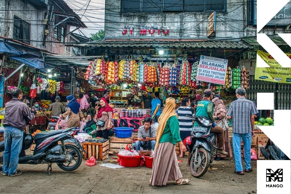 A bustling street market in Indonesia, showcasing local commerce and culture