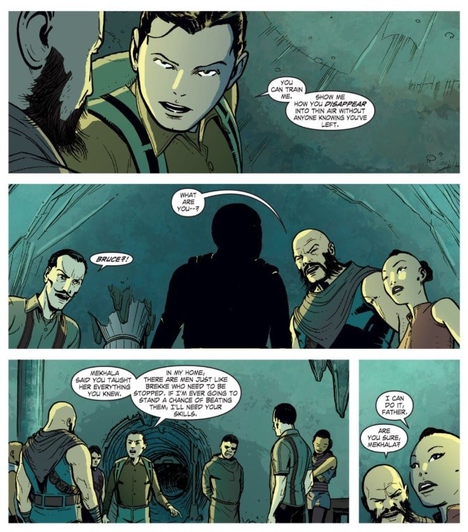 Mekhala, a street thief from Thailand, demonstrating her skills in stealth and misdirection to a young Bruce Wayne