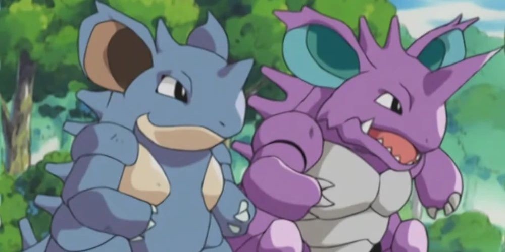 Nidoking and Nidoqueen together in the Pokemon anime, illustrating their unique gender differences and capacity to learn Surf