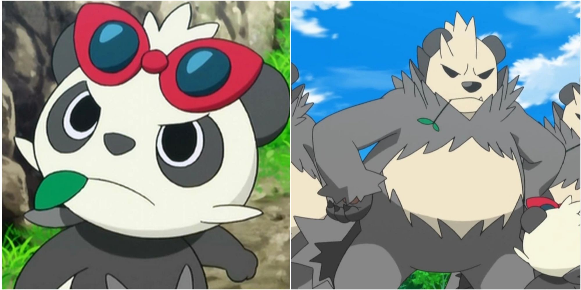 Pancham and Pangoro in the Pokemon anime, depicting their panda-like features and surprising capability to learn Surf