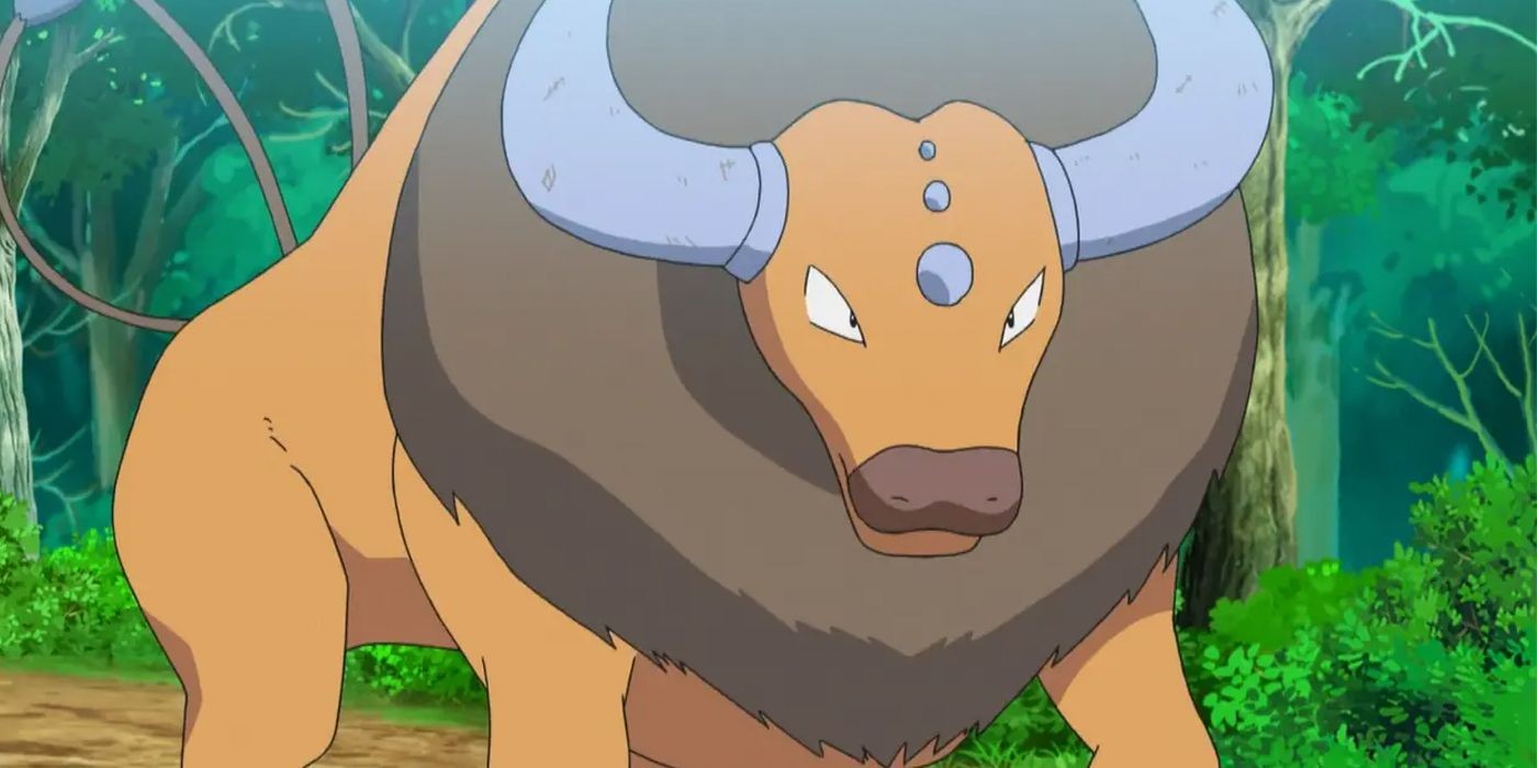 Pokemon Gen 9 Evolutions 1 Tauros, showing its bull-inspired design and unexpected capacity to learn Surf