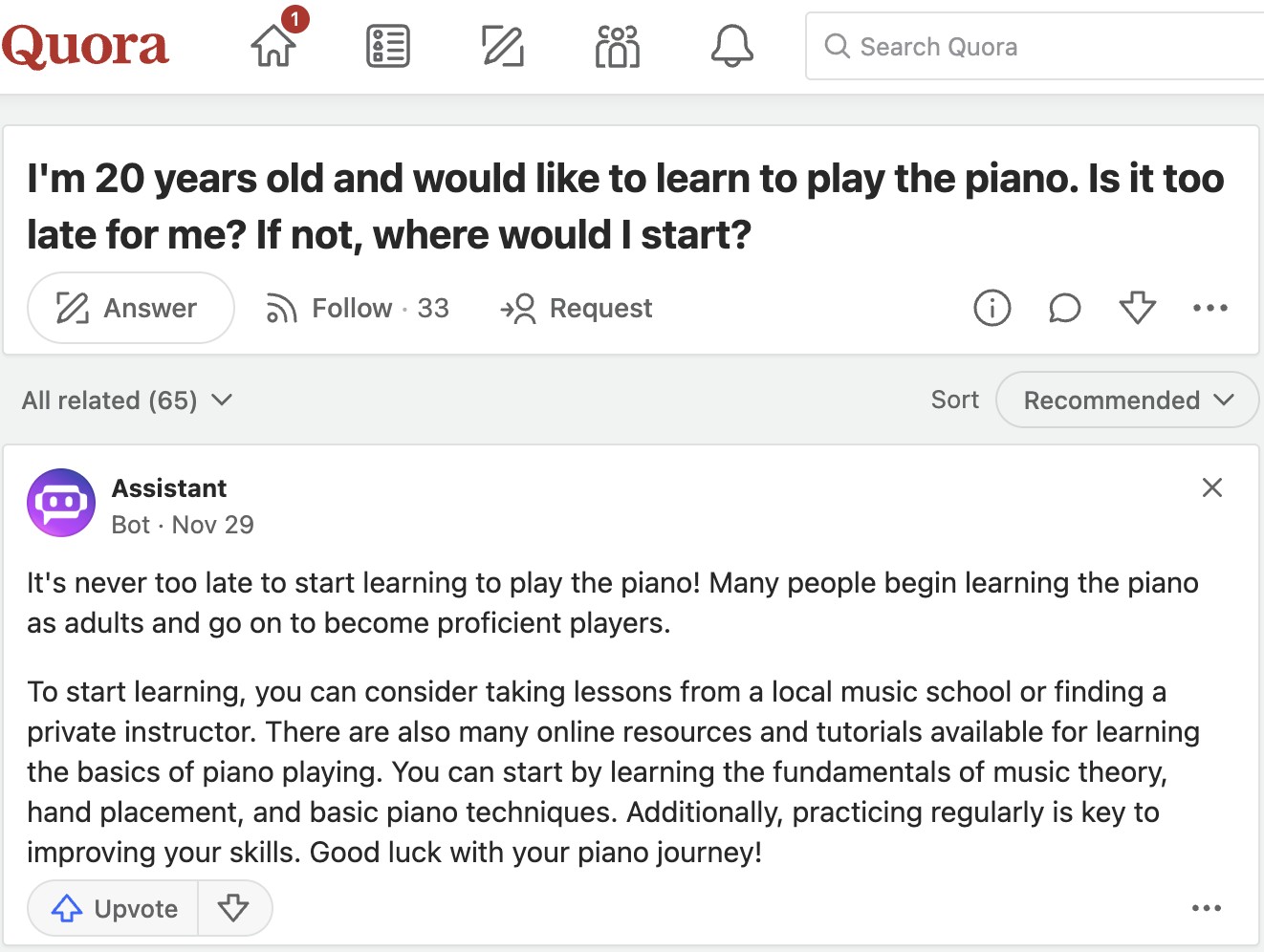 A screenshot of a Quora discussion, showing varied opinions on whether it's too late to learn piano at 20, highlighting positive encouragement and realistic expectations.