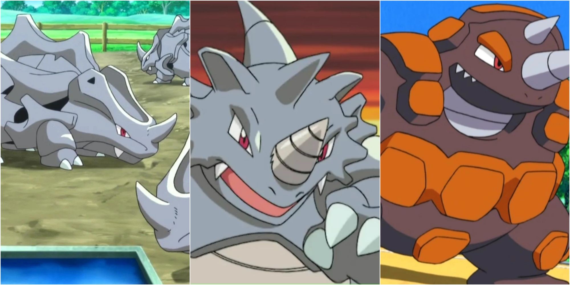 Rhyhorn, Rhydon and Rhyperior in the Pokemon anime, displaying their Ground and Rock-type features and unexpected Surf ability