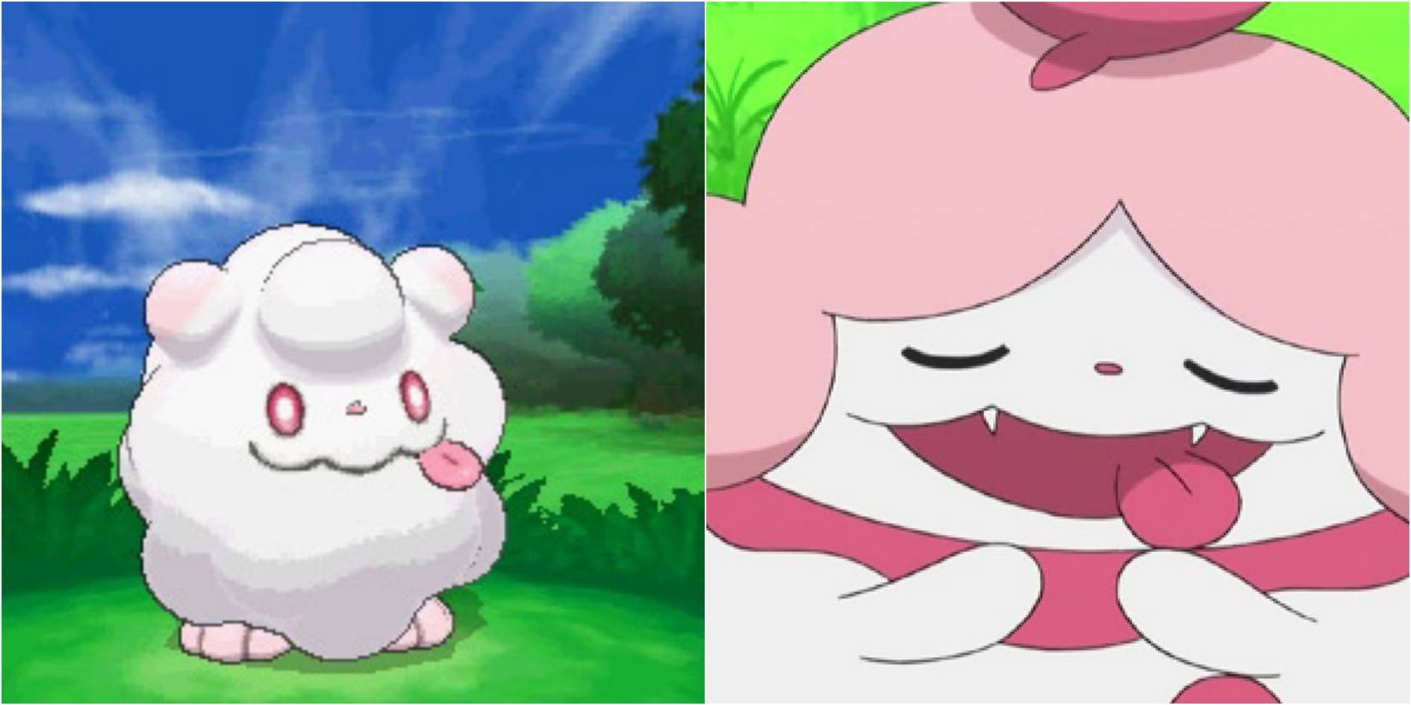 Swirlix in Pokemon X/Y and Slurpuff in the Pokemon anime, highlighting their Fairy-type features and unexpected ability to learn Surf