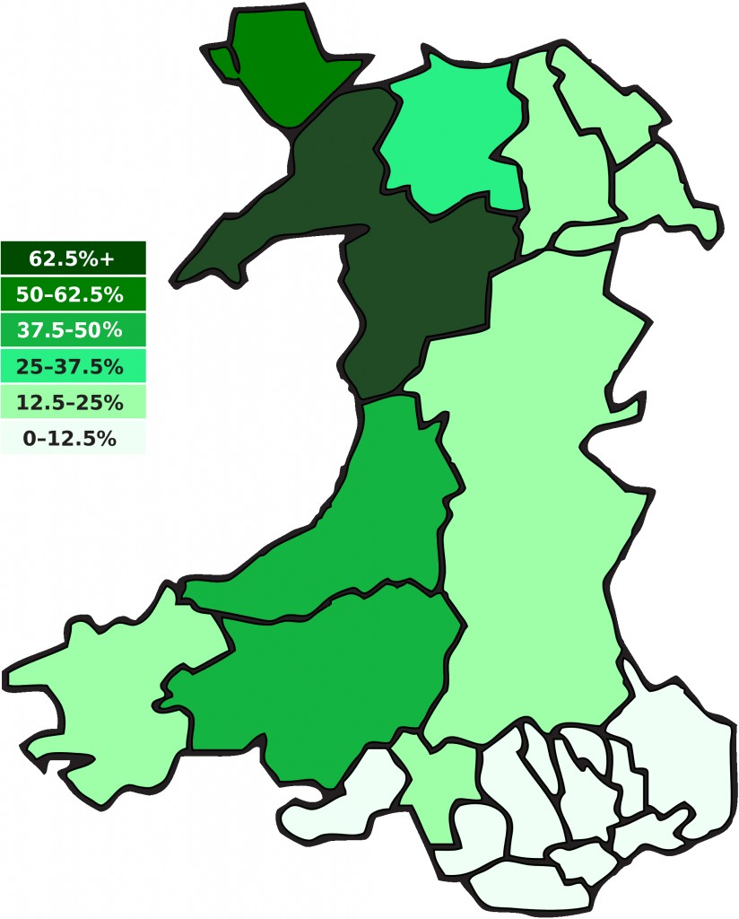 Relative concentration of Welsh speakers illustrated on a map