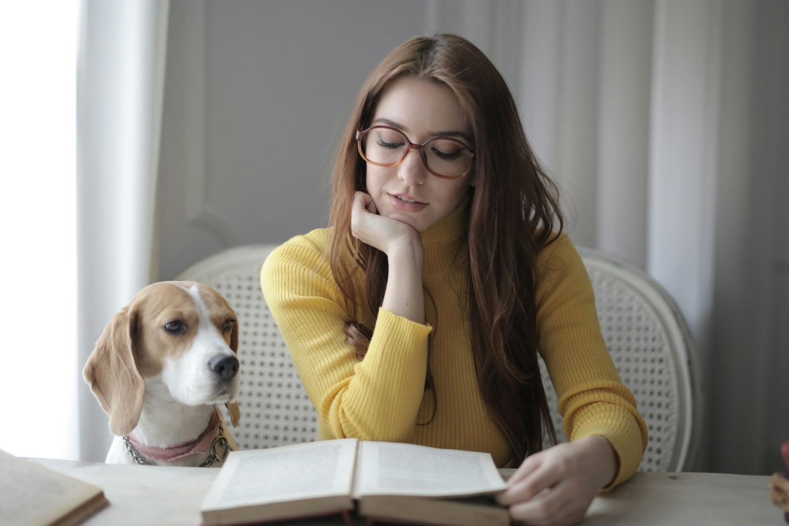 Woman reading a German textbook with a dog lying beside her, illustrating a relaxed study environment
