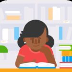 Woman in library studying languages